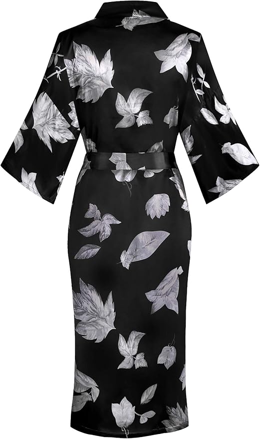 Valennia Women Long Silky Bathrobe Satin Kimono Robe Floral Printed Dressing Gown Sleepwear