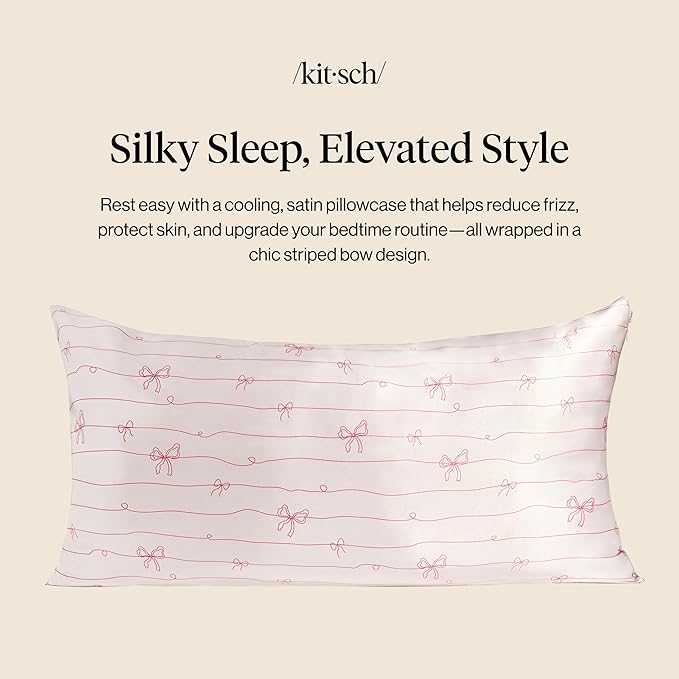 Kitsch Satin Pillowcase with Zipper for Hair & Skin - Softer Than Silk Pillow Cases, Smooth Cooling Satin Pillow Case, Wrinkle-Free Pillow Cases King Size (19x36) - Striped Bows