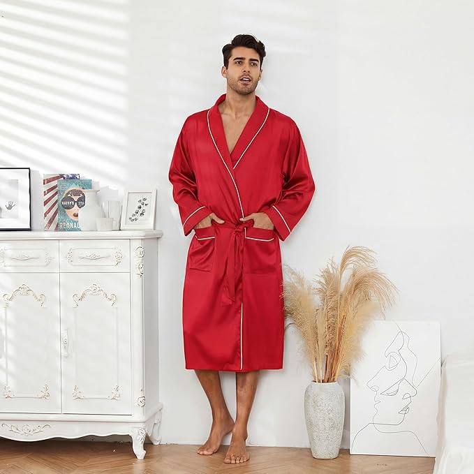 Vulcanodon Men’s Satin Robe Lightweight,Men's Luxurious Silk Kimono Bathrobe