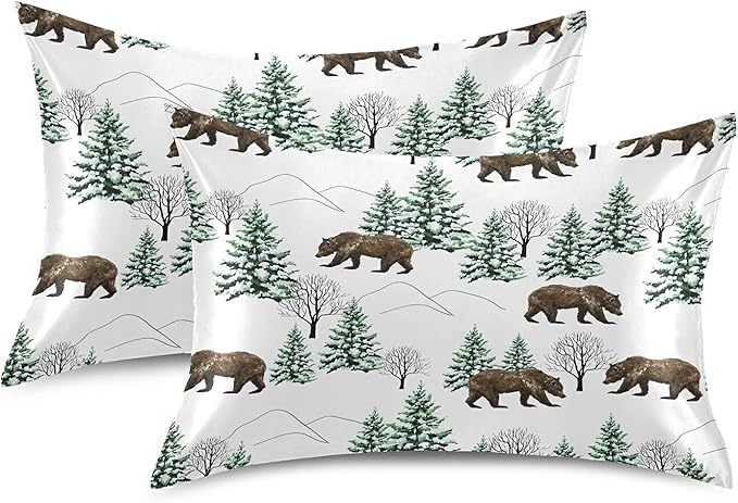 Bear Print Satin Pillowcase Queen Size, Winter Forest Silk Pillow Case with Envelope Closure, Satin Pillowcase for Hair and Skin, 20x30 inches, White, 1 PC