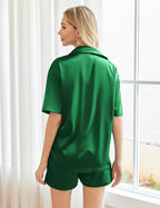 Ekouaer Pajamas for Women Silk Satin Pjs Soft Sleepwear Short Sleeve Button Down Pjs Top and Shorts 2 Piece Lounge Set S-XXL