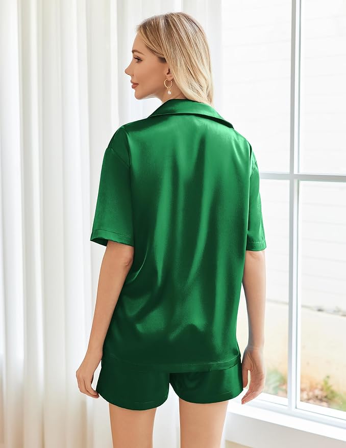 Ekouaer Pajamas for Women Silk Satin Pjs Soft Sleepwear Short Sleeve Button Down Pjs Top and Shorts 2 Piece Lounge Set S-XXL