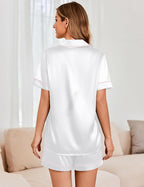 Ekouaer Womens Satin Silk Pajamas Set Short Sleeve Sleepwear Button Down Top and Shorts Loungewear 2 Piece Pjs Set S-XXL