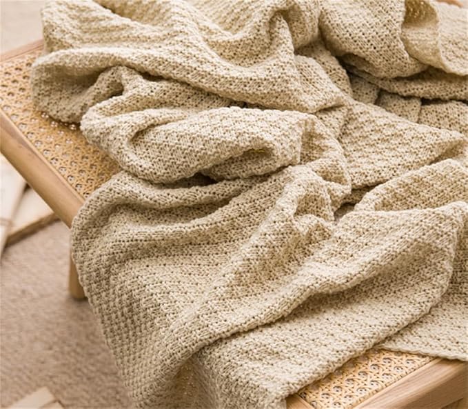 Chunky Cable Knitted Throw Blanket for Couch, Sofa and Bed, 43.3X60IN Lightweight Rustic Decorative Cozy Farmhouse Throw Blankets for Women and Man (Beige)