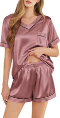 Silk Pajamas for Women Short Sleeve Satin 2 Piece Pj Set Soft V Neck Sleepwear Loungewear, S-XXL