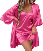 Ekouaer Women's Silk Robe Set V-neck 2 Piece Bridal Party Robes and Satin Bathrobe Set with Pockets