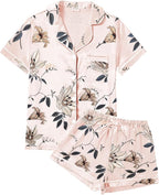 WJing Yi Jia 4Pcs Womens Satin Silky Pajama Sets Short Sleeve Shirt XS-4XL Floral Pajamas Set Soft PJ Loungewear Sleepwear