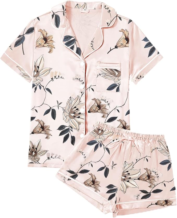 WJing Yi Jia 4Pcs Womens Satin Silky Pajama Sets Short Sleeve Shirt XS-4XL Floral Pajamas Set Soft PJ Loungewear Sleepwear