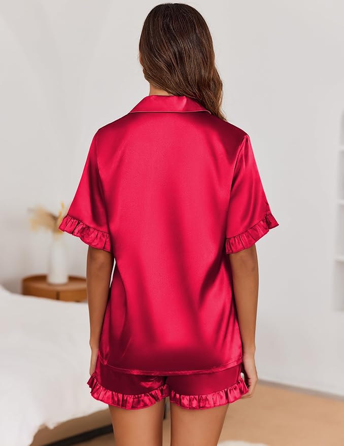 Ekouaer Satin Pajama Set for Women Button Down Silk 2 Piece Pj Sets Ruffle Short Sleeve Sleepwear