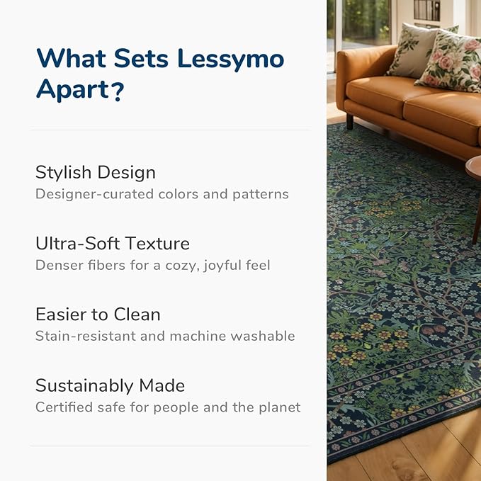 Lessymo Washable Hallway Runner Rug with Rubber Backing, Non Slip 8ft Long Floor Runner for Kitchen, Entryway Indoor, Stain Resistant Soft Boho Vintage Floral Botanical Carpet (2'7"x8' Forest Green)