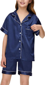 EPLAZA Kids Satin Pajamas Sets Girls Boys Button-Down Silky Pajamas Sleepwear with Hairband Eye Mask Hair Tie