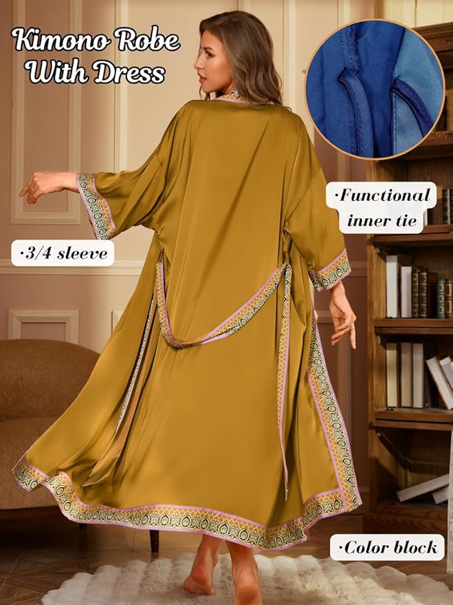 ChiaoLezhee Satin Robe Sets For Women, 2-PC Lightweight Bathrobe, Silk Sleepwear Kimono Bridesmaid Sexy Robes