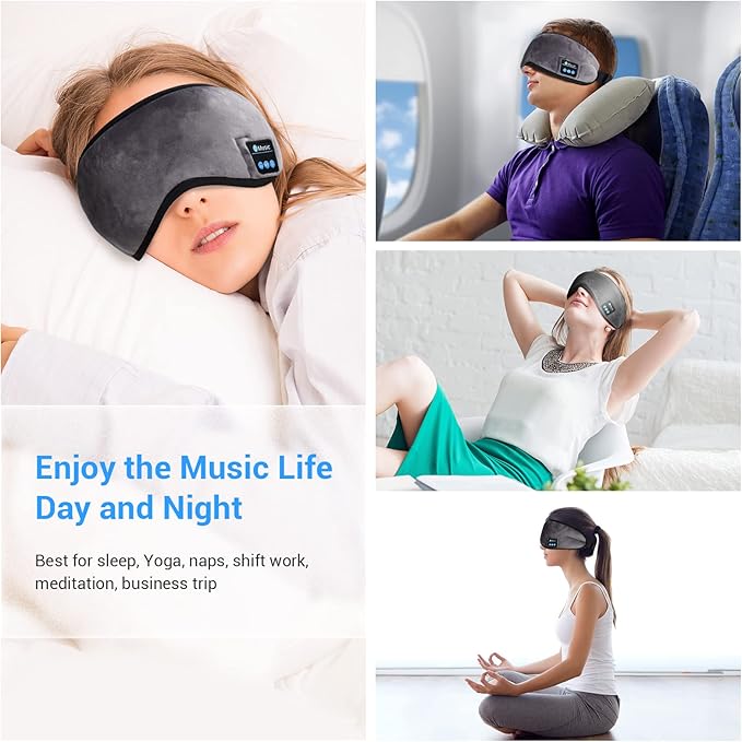 Sleep Headphones - Sleep Mask with Bluetooth Headphones (Grey), Washable Bluetooth Sleep Mask, Built-in Speaker and Microphone, Side Sleeping, Meditation & Travel
