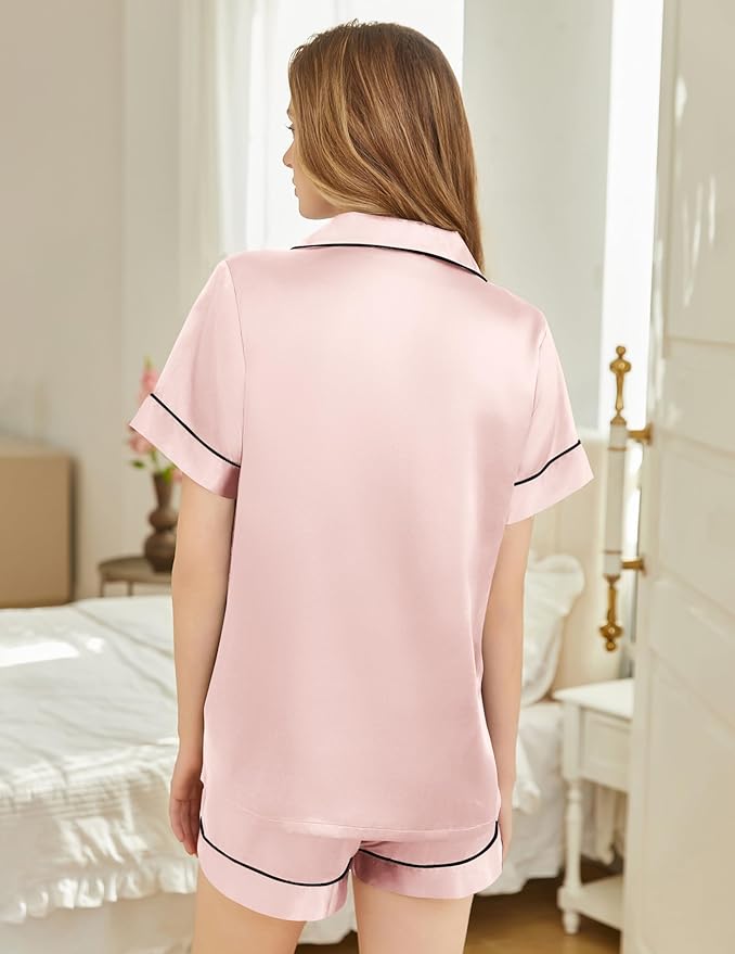Silk Pajamas for Women Short Sleeve Sleepwear Soft Button Down Loungewear 2 Piece Satin Pjs Shorts Set S-XXL