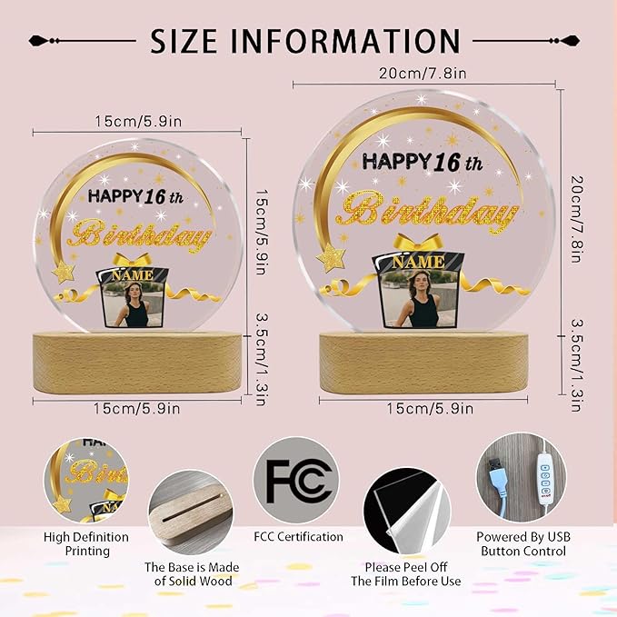 Customized Birthday Gifts Personalized Acrylic LED Night Light Lamp Crystal Ball Plaque Custom Photo Name Birthday Gifts for Mom Kids (Black and Gold)