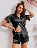 Ekouaer Womens Silk Satin Pajamas Short Sleeve PJS Shorts Set Soft Button Down Sleepwear 2 Piece Loungewear S-5XL