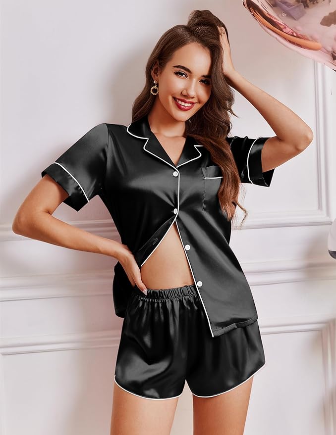 Ekouaer Womens Silk Satin Pajamas Short Sleeve PJS Shorts Set Soft Button Down Sleepwear 2 Piece Loungewear S-5XL
