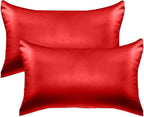 Elegant Comfort 2-Pack Cooling Viscose Satin Pillowcase Set with Hidden Zipper Closure, Silky Smooth for Best Hair and Skin Care-Beautiful Gift Box-2-Piece Satin Pillowcase Set, Standard/Queen, Red