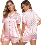 SWOMOG Womens Silk Satin Pajamas Set Short Sleeve Sleepwear Button Down Top and Shorts Loungewear 2 Piece Pjs Set XS-3XL