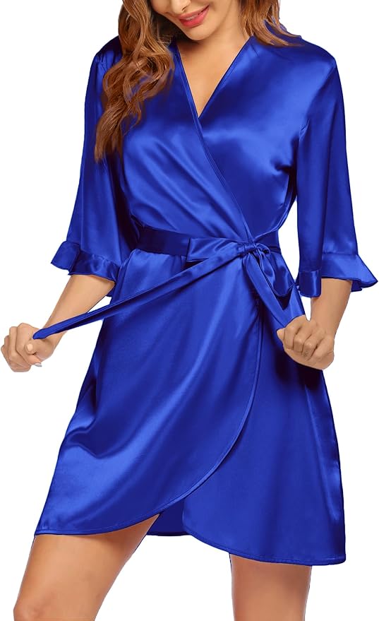 Ekouaer Women's Satin Robe Valentines Lingerie for Women Kimono Bathrobe Short Ruffle Belted Robes Bridesmaids Sleepwear