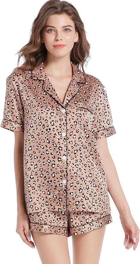 Serenedelicacy Women's Satin Pajama Set 2-Piece Sleepwear Loungewear Button Down Short Sleeve Silky PJ Set