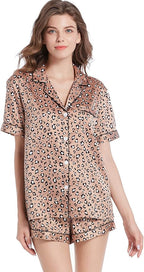 Serenedelicacy Women's Satin Pajama Set 2-Piece Sleepwear Loungewear Button Down Short Sleeve Silky PJ Set