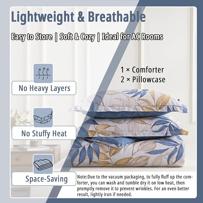 ALEISSEL Blue Botanical Cotton Comforter Queen Size - 3PC Lightweight Bedding Sets with Ultra-Soft Alternative Fill, Reversible Design with Leaf Pattern, Dark Blue & White (1 Comforter, 2 Pillowshams)