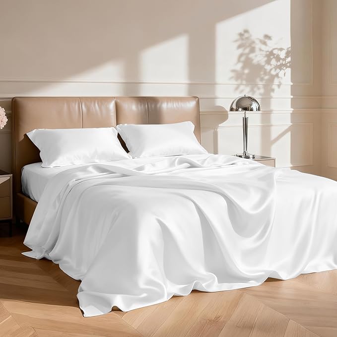 Love's cabin Satin King Sheet Sets - 4 Piece White Silky Sheets King Size Bed Set with Deep Pocket, Luxury Silk Feel King Size Satin Sheet Set (1 Flat Sheet,1 Fitted Sheet,2 Pillow Cases)