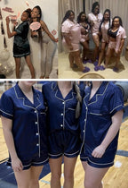 WJing Yi Jia 4Pcs Womens Satin Silky Pajama Sets Short Sleeve Shirt XS-4XL Floral Pajamas Set Soft PJ Loungewear Sleepwear