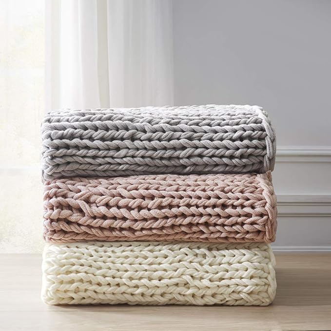 Madison Park Boho Throw, Soft Blanket Handmade Gift Home Decor, Lightweight & Breathable All Seasons Spring Chunky Knit, Knitted Throw for Couch, Bed Blanket, 50"x60" Grey