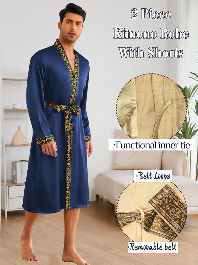 ChiaoLezhee Mens Satin Bath Robe with Shorts Set, Silk Paisley Kimono Lightweight, Soft Long Sleeve Sleepwear