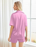 Ekouaer Pajamas for Women Silk Satin Pjs Soft Sleepwear Short Sleeve Button Down Pjs Top and Shorts 2 Piece Lounge Set S-XXL