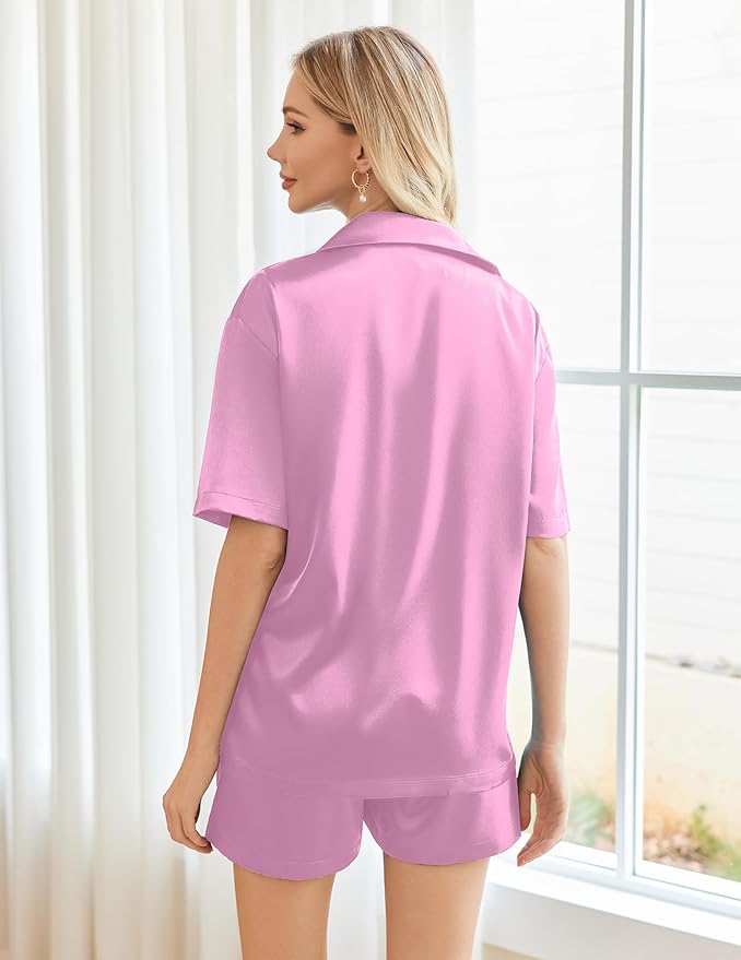 Ekouaer Pajamas for Women Silk Satin Pjs Soft Sleepwear Short Sleeve Button Down Pjs Top and Shorts 2 Piece Lounge Set S-XXL