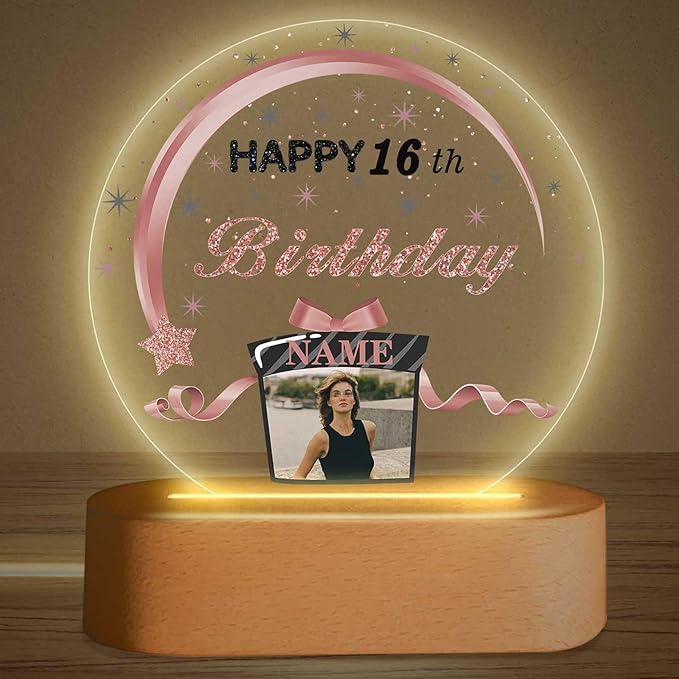 Customized Birthday Gifts Personalized Acrylic LED Night Light Lamp Crystal Ball Plaque Custom Photo Name Birthday Gifts for Mom Kids (Rose Gold and Black)