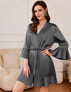 Ekouaer Women's Satin Robe Short Ruffle Hem Silky Robes Lightweight Kimono Brides Bathrobes Sleepwear XS-XXL