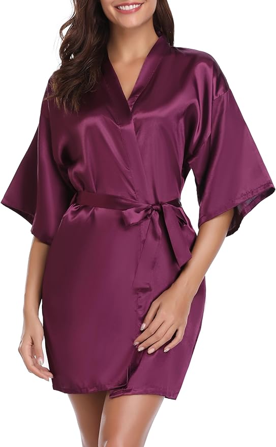 Vlazom Womens Kimono Robes Dressing Gown Satin Bathrobe Nightdress Short Style Bridal Robe