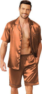 Ekouaer Mens Pajamas Set Silk Satin Sleepwear Short Sleeve Button Down Pjs Set 2 Piece Loungewear with Pockets S-XXL