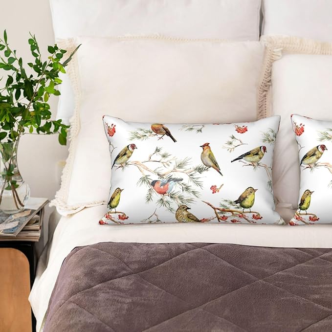 Silk Like Pillowcase for Hair and Skin Watercolor Forest Birds Floral 1 Pack Satin Pillowcase with Hidden Zipper Soft Breathable Smooth Cooling Pillow Cover Standard Size for Bedroom Sofa 20”x26”