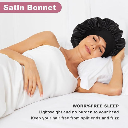4Pcs Satin Bonnet Silk Bonnet, Hair Bonnet for Sleeping, Elastic Wide Band Silk Sleep Cap, Soft and Breathable(Black Blue Green Brown)