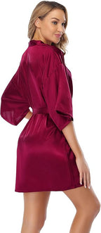 Vlazom Womens Kimono Robes Dressing Gown Satin Bathrobe Nightdress Short Style Bridal Robe