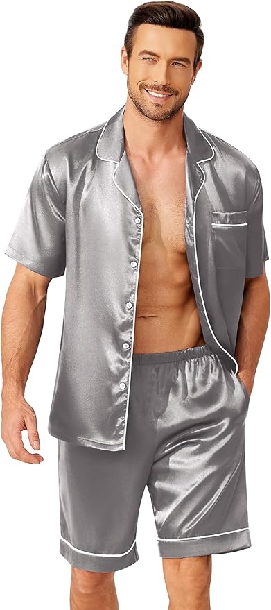 Ekouaer Mens Pajamas Set Silk Satin Sleepwear Short Sleeve Button Down Pjs Set 2 Piece Loungewear with Pockets S-XXL