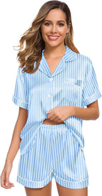 SWOMOG Womens Silk Satin Pajamas Set Short Sleeve Sleepwear Button Down Top and Shorts Loungewear 2 Piece Pjs Set XS-3XL