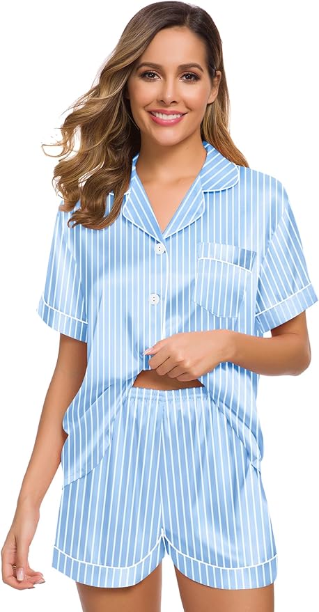 SWOMOG Womens Silk Satin Pajamas Set Short Sleeve Sleepwear Button Down Top and Shorts Loungewear 2 Piece Pjs Set XS-3XL