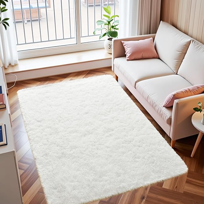 Macgace Fluffy Area Rugs for Bedroom Decor Aesthetic, 3x5 Cream White Shag Rug with Non-Slip Backing for Living Room, Soft Washable Fuzzy Carpet Modern Home Decor for Kids Nursery Girls Room