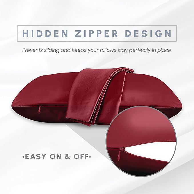Elegant Comfort 4-Pack Standard/Queen Satin Pillowcase Set with Hidden Zipper Closure, Burgundy, 20" x 30"
