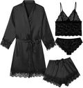 Womens 4 Pcs Lingeries Silk Pajamas Robes Set Sexy Pjs Cami Shorts Satin Sleepwear Lace Loungewear