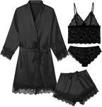 Womens 4 Pcs Lingeries Silk Pajamas Robes Set Sexy Pjs Cami Shorts Satin Sleepwear Lace Loungewear