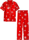 Umeyda Girls Womens Pajamas Set, Satin Silky Button Down Loungewear 2 Piece Short Sleeve Pants PJS Sets for Mommy Kids