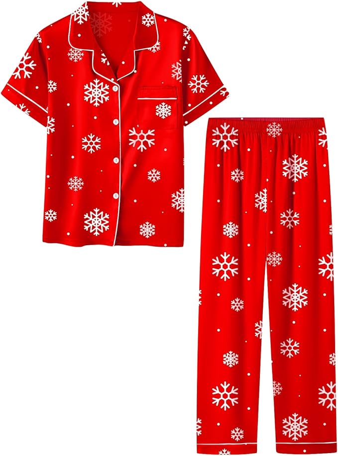 Umeyda Girls Womens Pajamas Set, Satin Silky Button Down Loungewear 2 Piece Short Sleeve Pants PJS Sets for Mommy Kids
