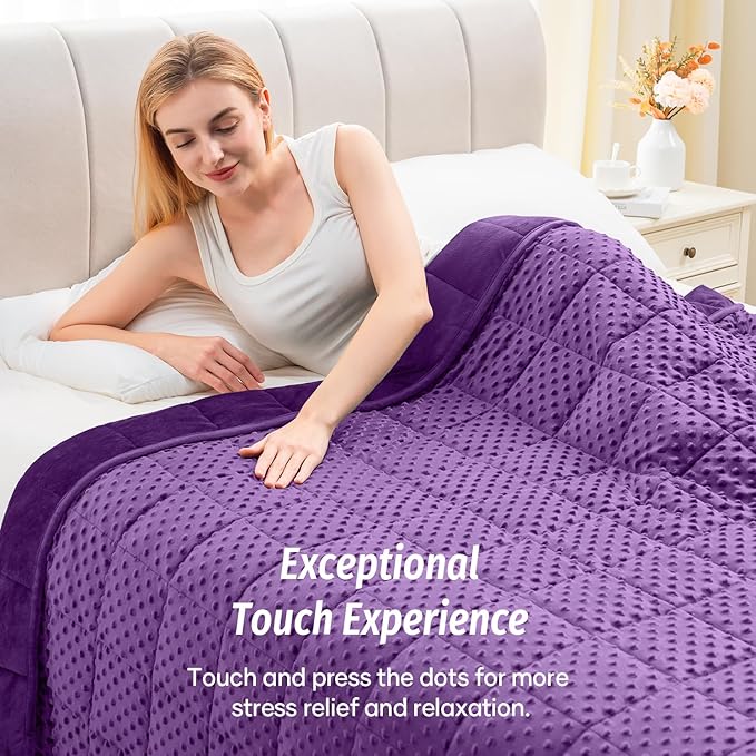 Wemore Minky Dot Weighted Blanket for Adults Queen Size 15 lbs, Soft Heavy Blanket for Stress Relief and Sleep Promotion, Breathable Blanket for All-Season with Glass Beads, Purple 60 x 80 inches
